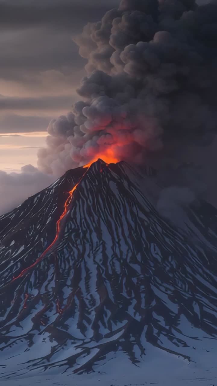 Video verticale: cratere incandescente di un vulcano in eruzione che riversa lava lungo pendii ghiacciati, sprigionando una colonna di cenere