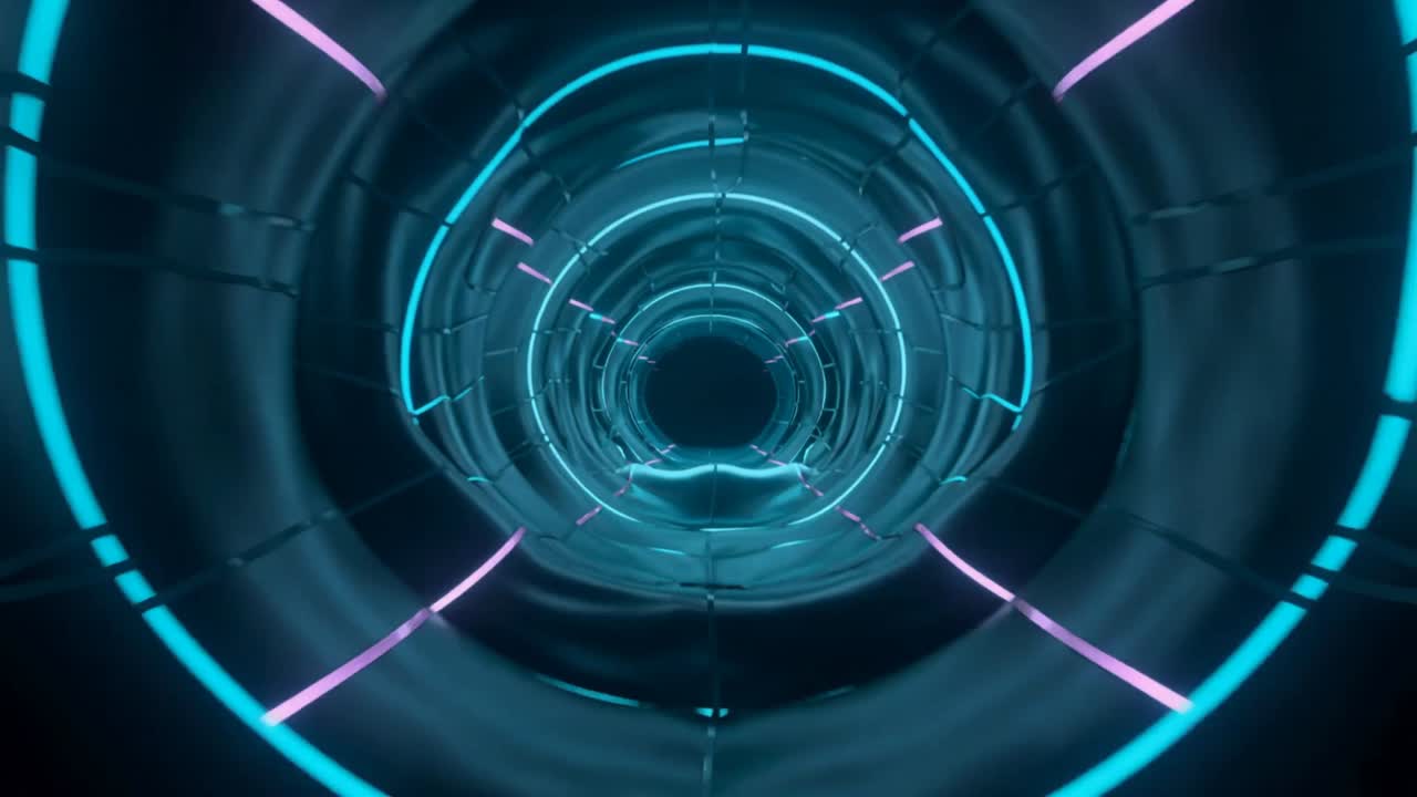 Moving camera pushing cylinder tunnel in corridor, neon cyan rings, magenta lines pulsing to void