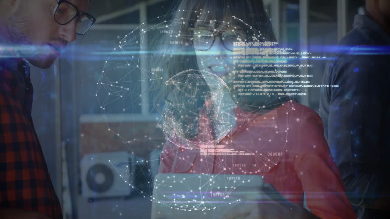 Three professionals examining holographic network in technology lab, visualizing code streams