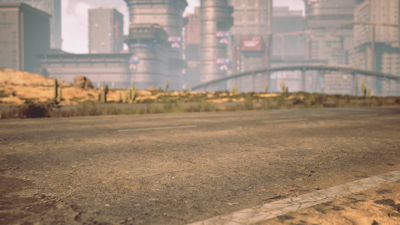 Desolate road to a futuristic city with towering structures