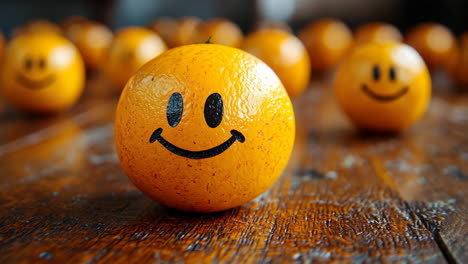 smiling orange balls arranged on a wooden surface in a playful display