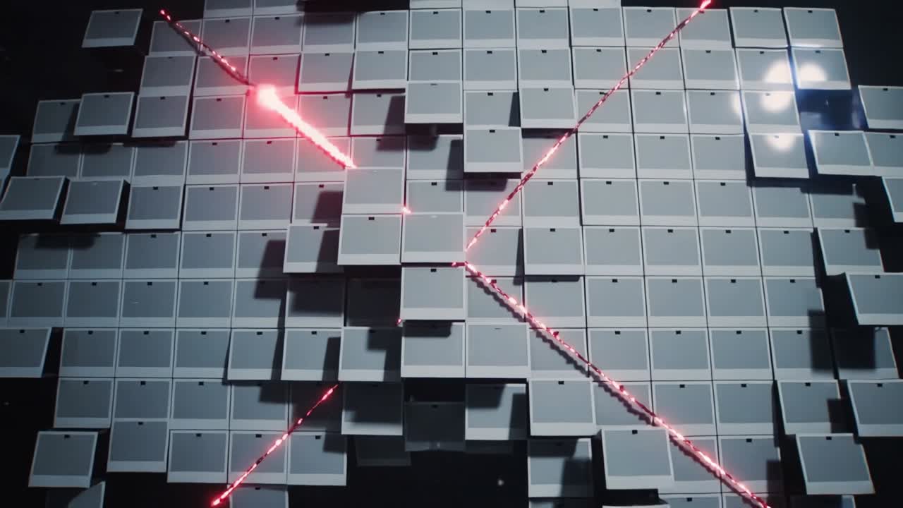 Beams activating, two red diagonals sweeping modular panels in dark void, creating bright flare