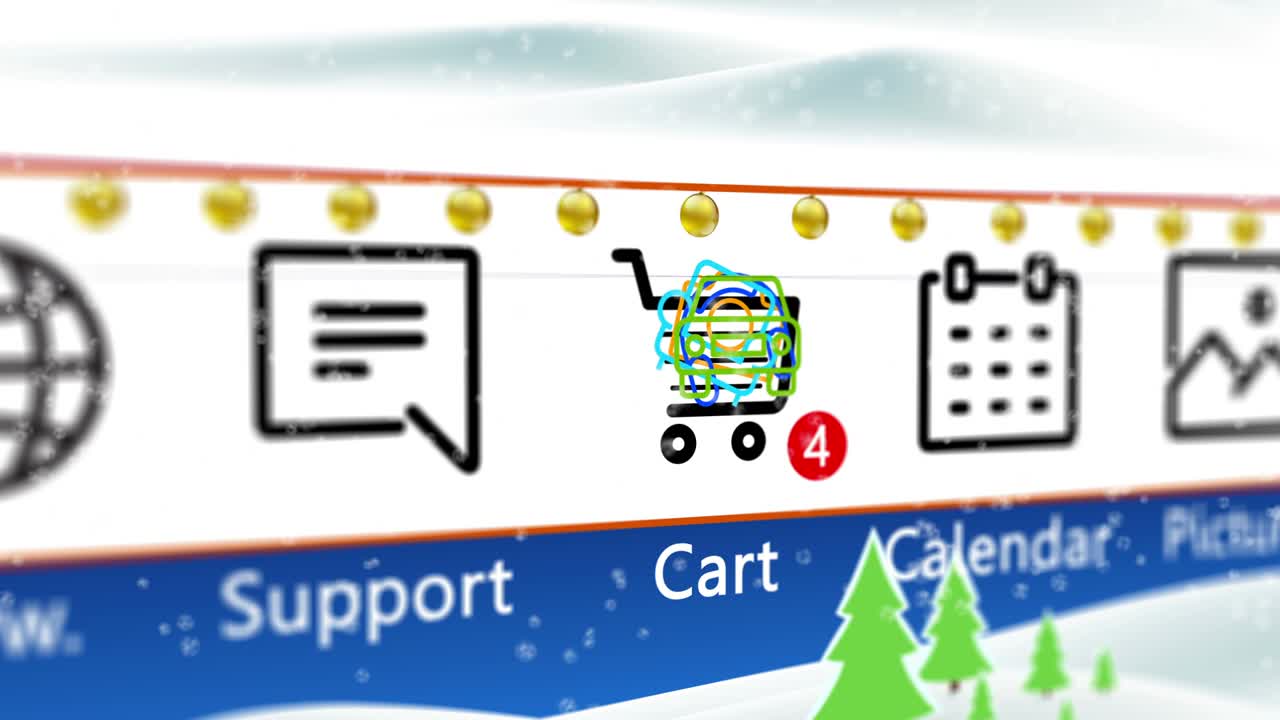 크리스마스 장식과 눈이 내리는 크리스마스 온라인 쇼핑: 컴퓨터 화면 비디오 루프에서 쇼핑 카트 아이콘에 항목을 추가하십시오.