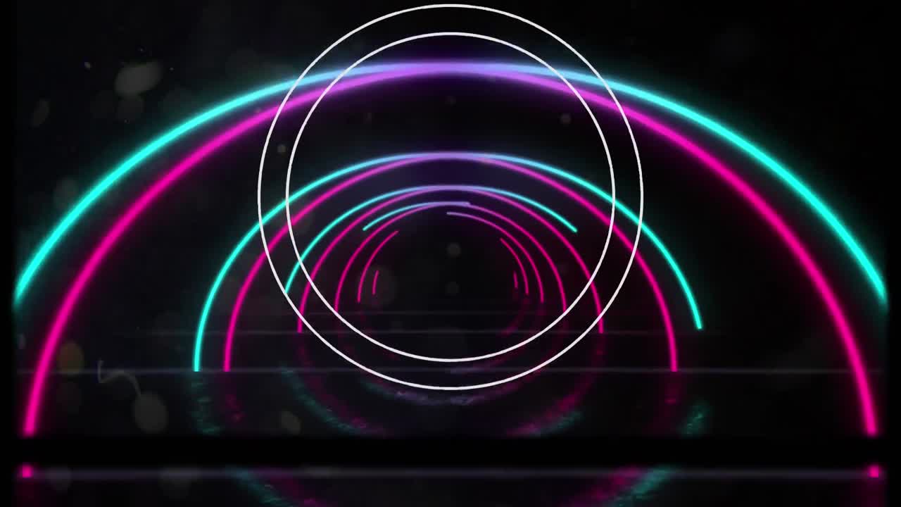 검은색 배경에 움직이는 파란색과 분홍색 네온 반 원의  ⁇  반지와 터널의 애니메이션