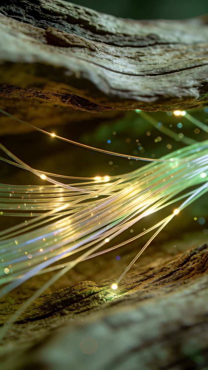 Video verticale: La telecamera mostra fili di luce che pulsano e fluttuano in una fessura nel legno con nodi illuminati e muschio