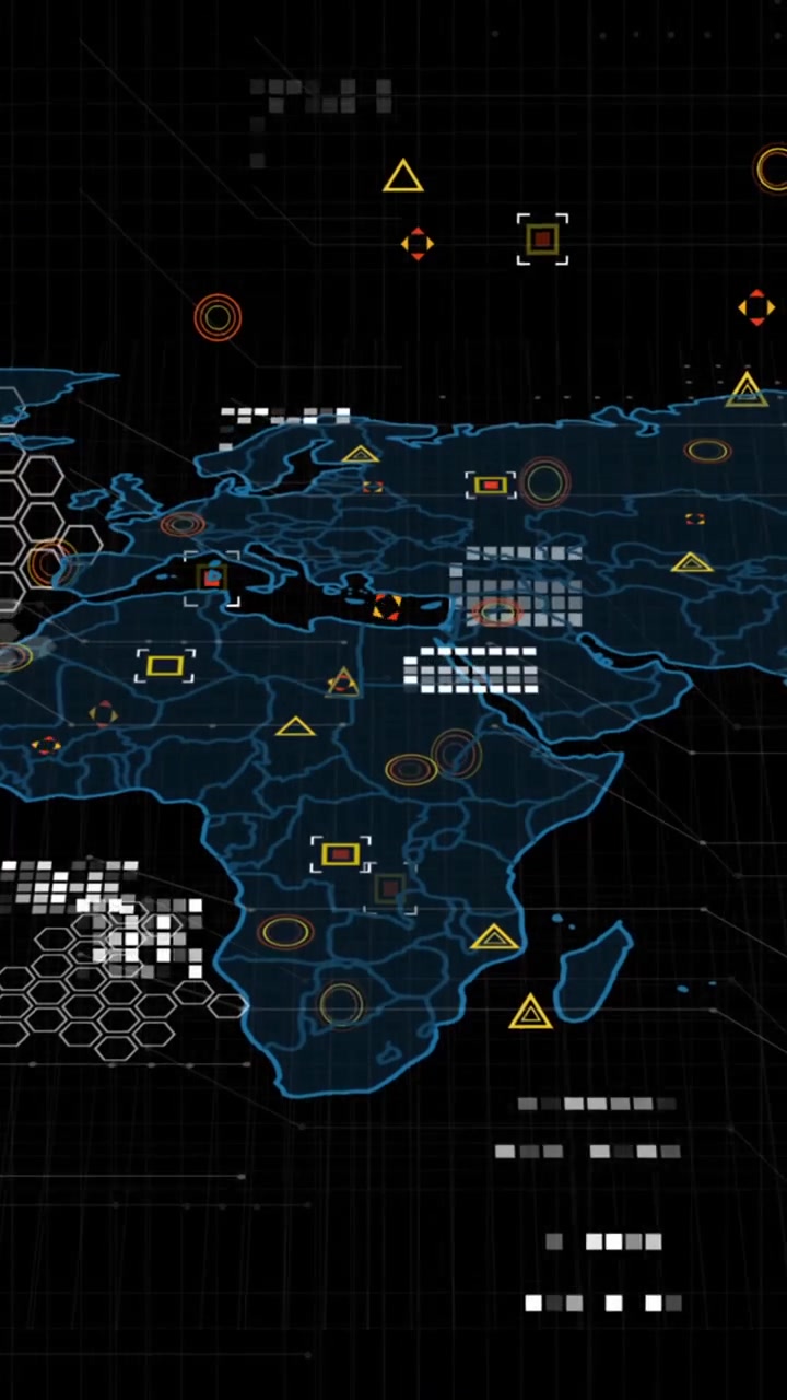 Animation of data processing and world map on black background
