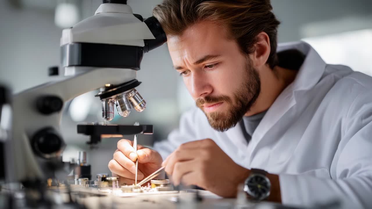 A focused scientist in a white lab coat meticulously works under a microscope, showcasing precision and dedication in his research as he conducts intricate experiments in a modern laboratory environment