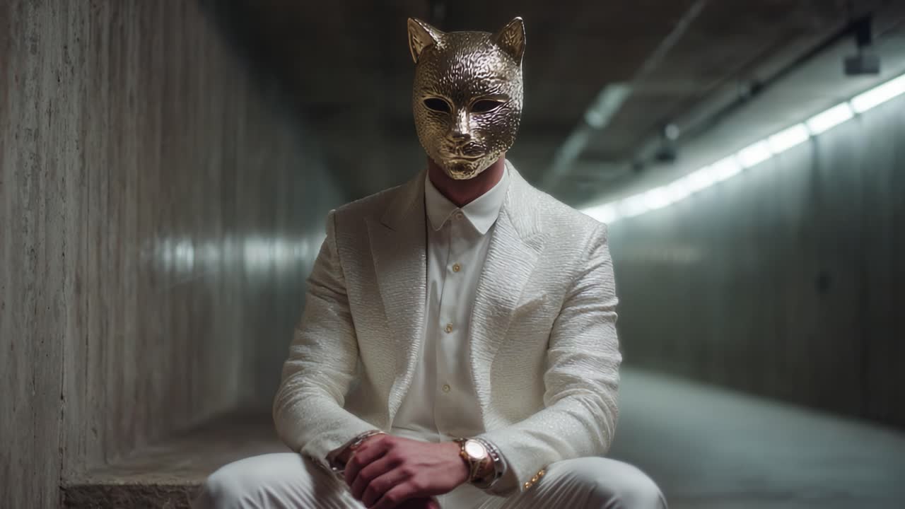 A Mysterious Figure in a Golden Cat Mask: Exploring the Intersection of Fashion and Intriguing Identity in an Urban Space