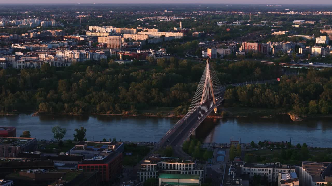 Drone view of Holy Cross Bridge in Warsaw, Poland at the evening