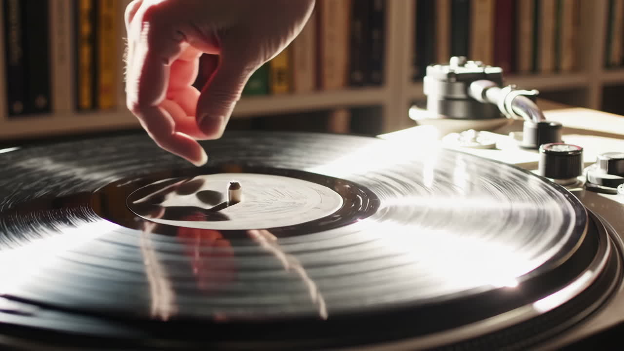 Hand playing a vinyl record on a turntable