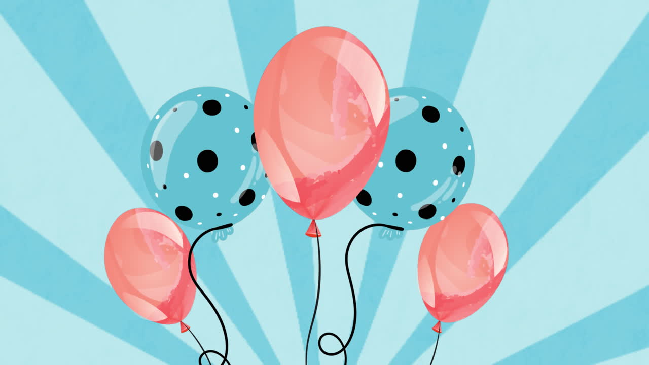 Animazione di palloncini colorati che volano su sfondo blu.
