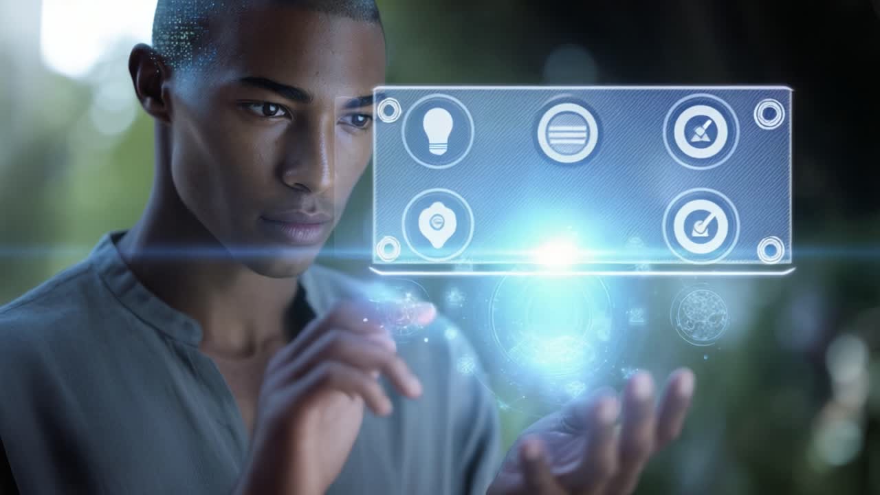 A focused individual demonstrates advanced technological interaction with holographic interfaces, showcasing creativity, imagination, and futuristic capabilities through gestures