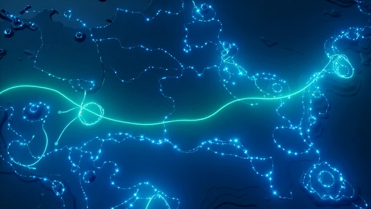 Playing back neon green filament moving right across dark plane, reacting to cyan pulses and nodes