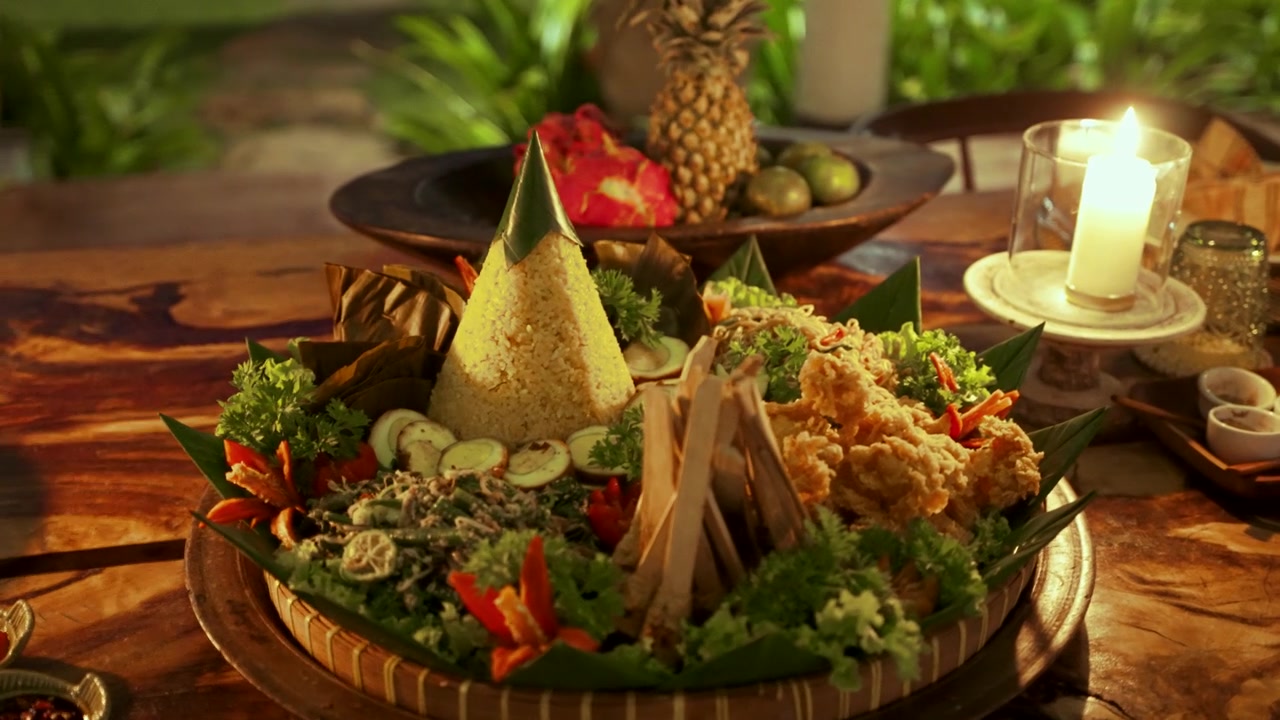 Perinteinen indonesialainen Tumpeng-riisiruoka tarjoiltuna puupöydällä