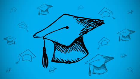 animation of graduation caps moving on blue background