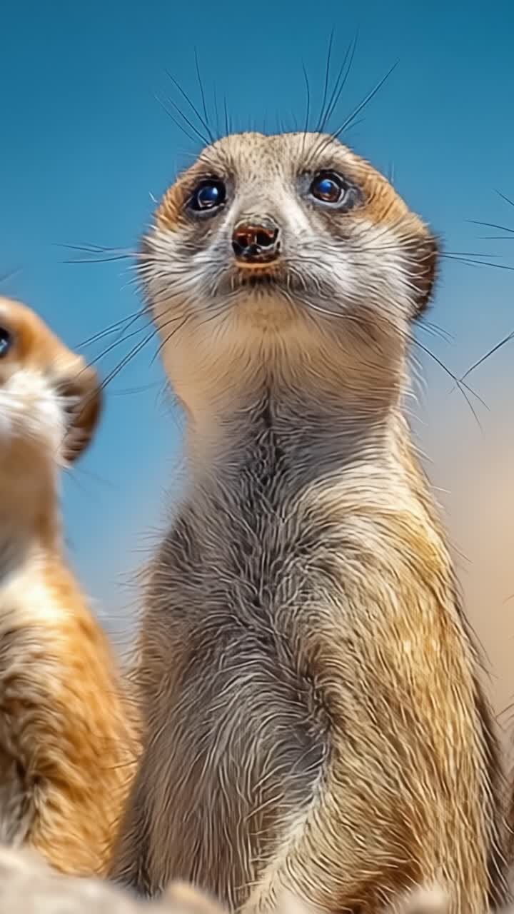 Suricatas Curiosas Observando su Entorno con Expresiones Ansiosas y Posturas Alertas en un Hermoso Entorno Exterior Bajo un Cielo Azul Despejado
