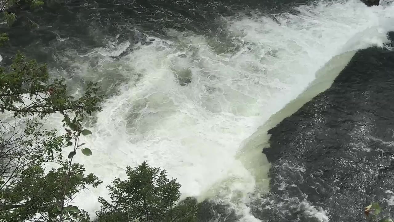 Le cascate superiori di Mesa in Idaho, che mostrano una potente cascata sul Henrys Fork del fiume Snake, circondate da una fitta foresta e pareti di canyon vulcanici. La scena presenta acqua bianca impetuosa e nebbia che sale.