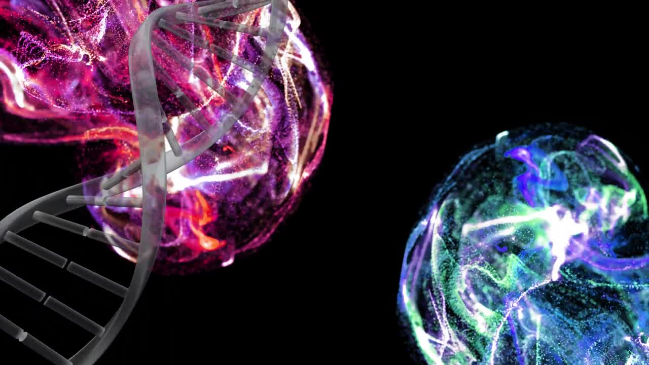 검은 바탕에 다채로운 동적 파동 위에 있는 dna 나선의 애니메이션