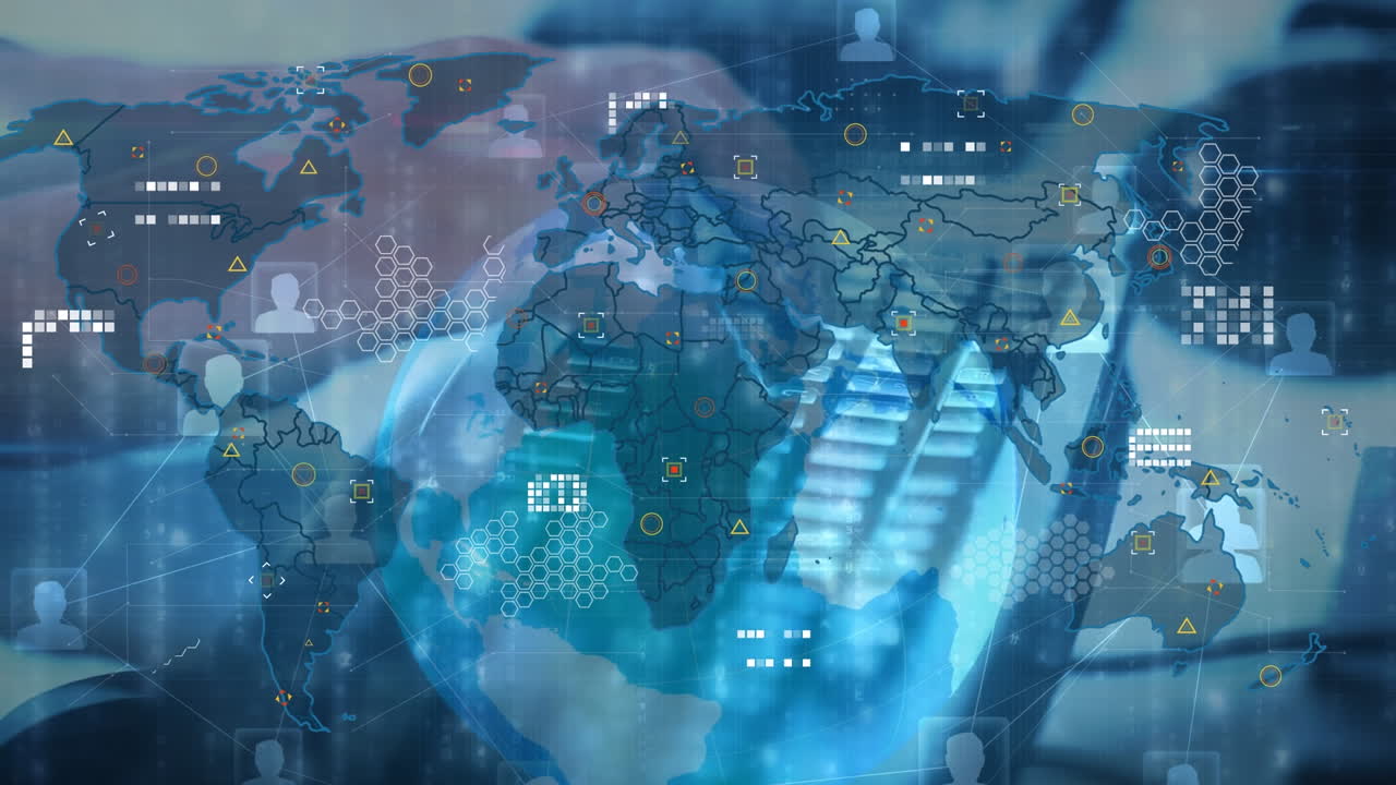 데이터 처리 및 세계 지도의 애니메이션 컴퓨터를 사용하여 손에