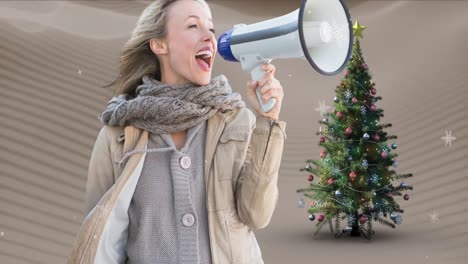 animation of caucasian woman with loudspeaker and christmas tree over snow falling