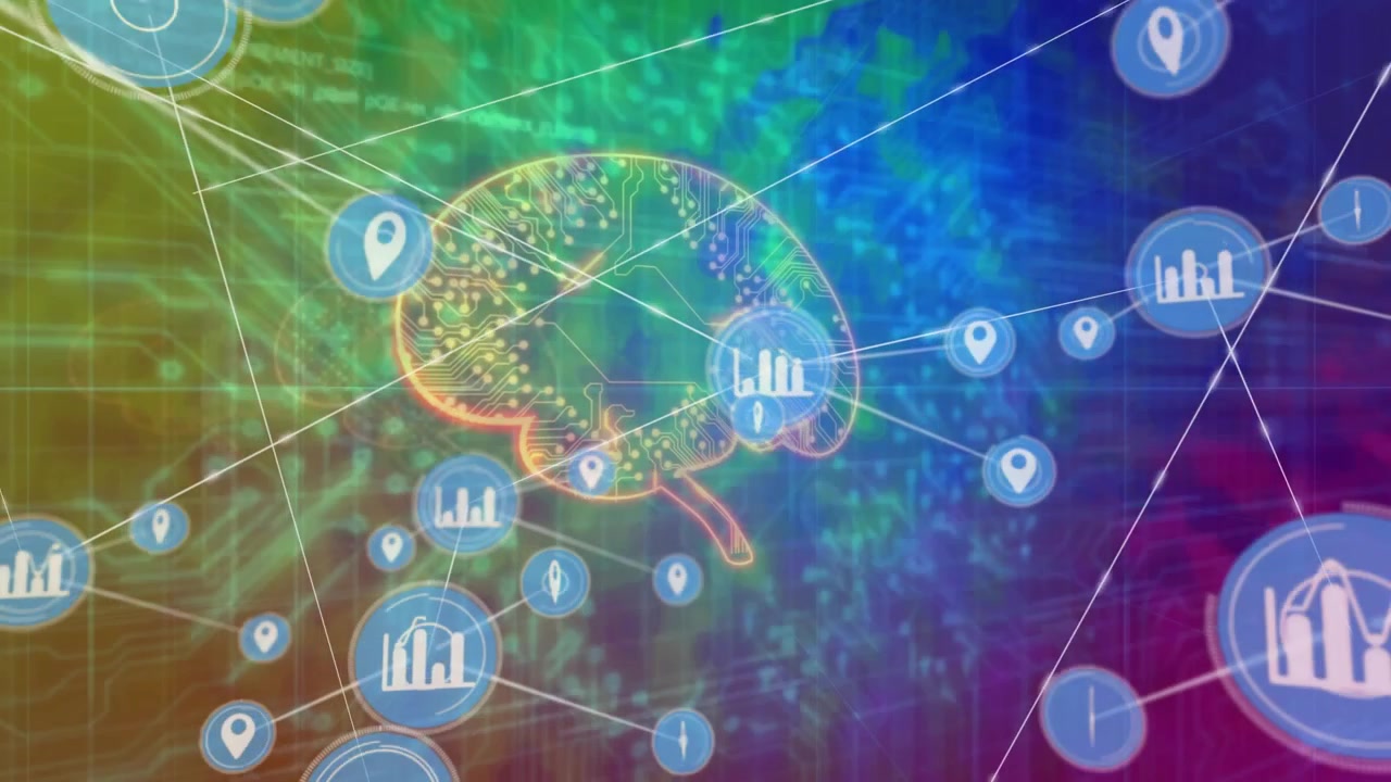 Glowing circle opening, expanding into info icons, morphing into pulsing brain network for insight
