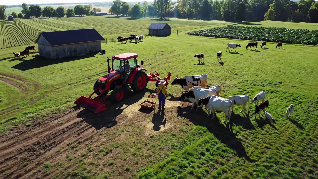 Farm scene with cows and tractor