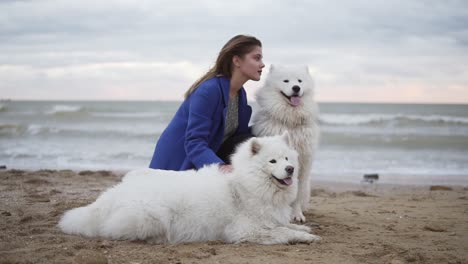 Side-view-of-a-young-woman-sitting-on-the-sand-and-embracing-her-dogs-of-the-Samoyed-breed-by-the-sea.-White-fluffy-pets-on-the