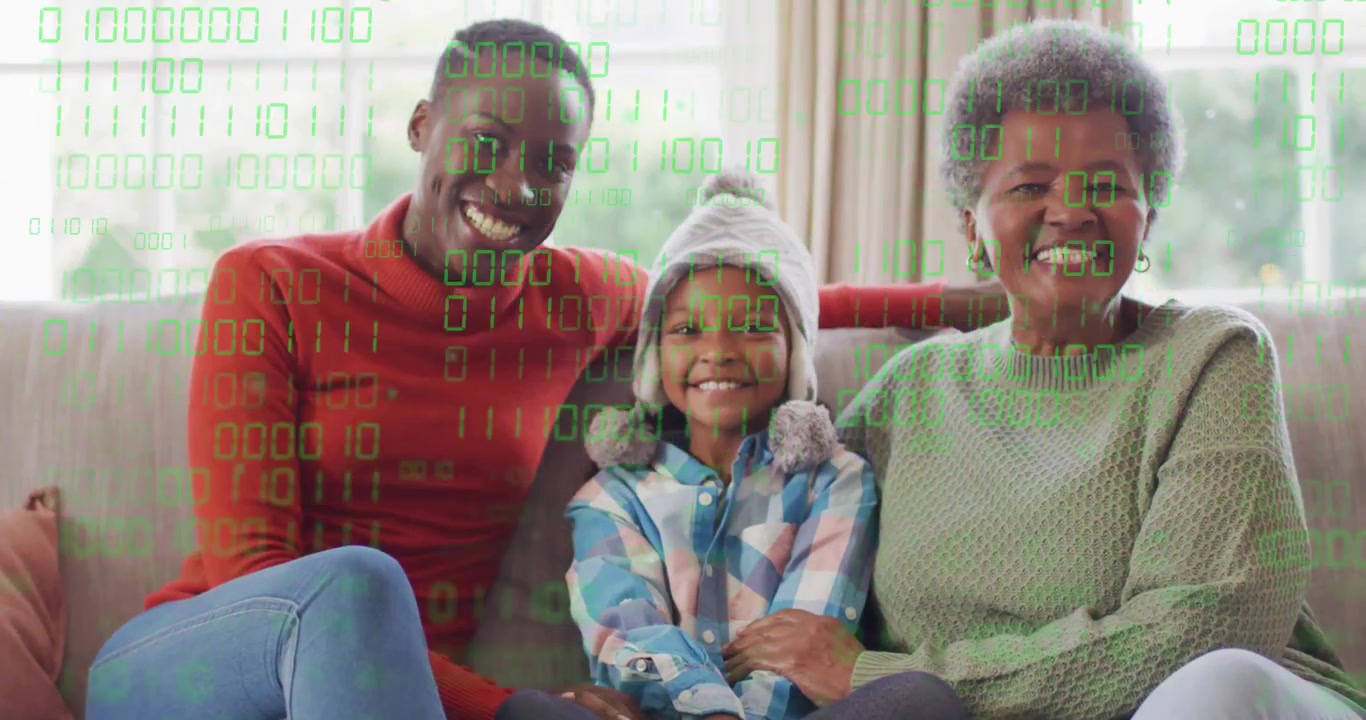 Family trio initiating gentle lean on sofa, binary code overlay highlighting tech demo