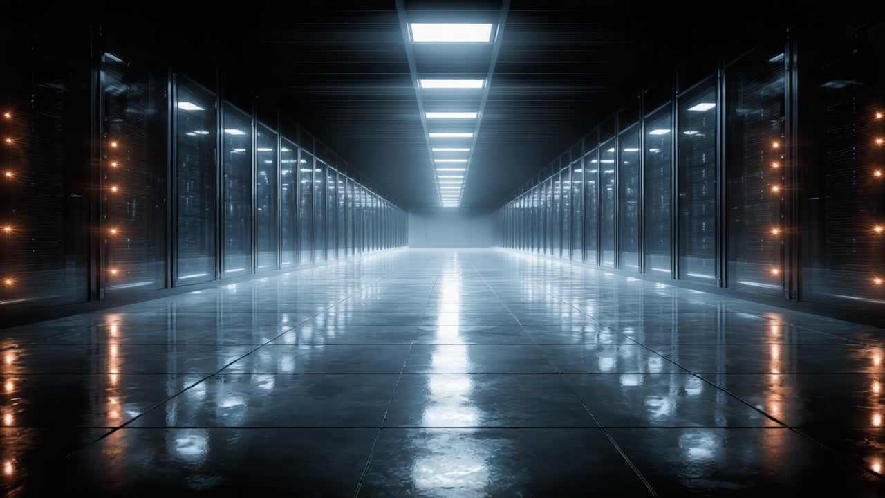 A futuristic server room with illuminated rows of servers, showcasing sleek technology and a reflective floor that enhances the ultra-modern atmosphere of the data center