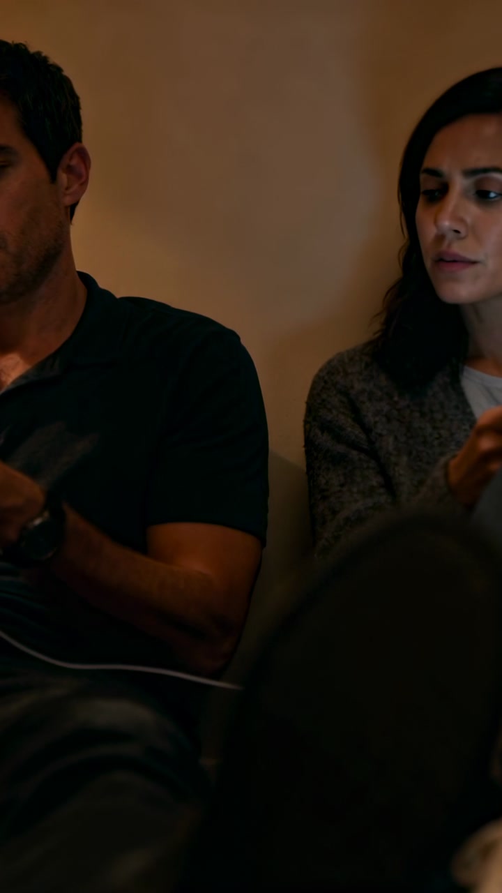 Vertical video: Sitting couple scrolling phones on couch, charging cable seen, in polo and sweater
