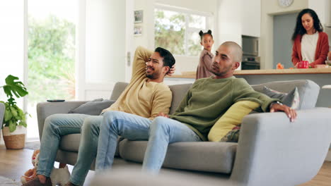 upset, friends and men watching sports together