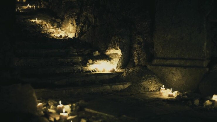 Scale in pietra consumate dal tempo con candele tremolanti e un'atmosfera cupa.