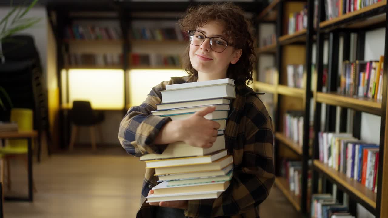 retrato de una estudiante con el cabello rizado en una camisa a cuadros que sostiene una pila de papeles en sus manos cerca de los estantes en la biblioteca