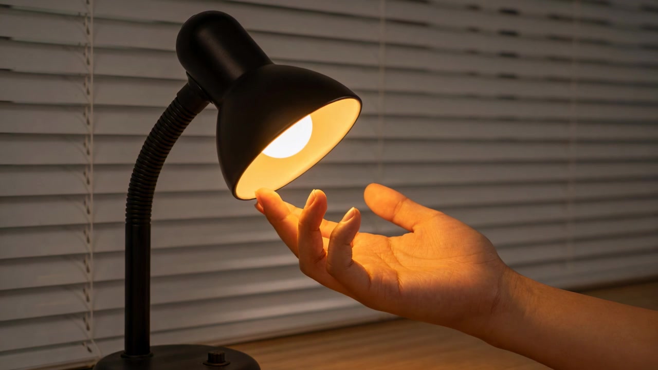 デスクでフレームに入り込む右の素腕が、黒いランプの下で指を動かし、温かい電球を試している。