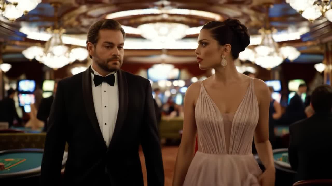 In a glamorous casino setting, a suave man and a stunning woman stride confidently, embodying elegance and intrigue amidst the vibrant nightlife atmosphere and dazzling decor.