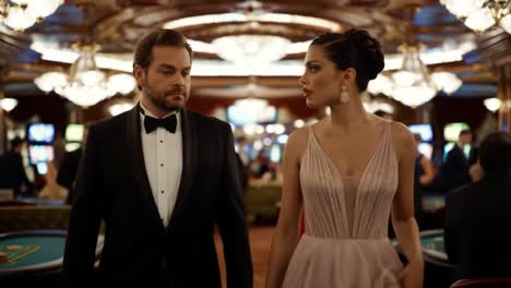 in a glamorous casino setting, a suave man and a stunning woman stride confidently, embodying elegance and intrigue amidst the vibrant nightlife atmosphere and dazzling decor.