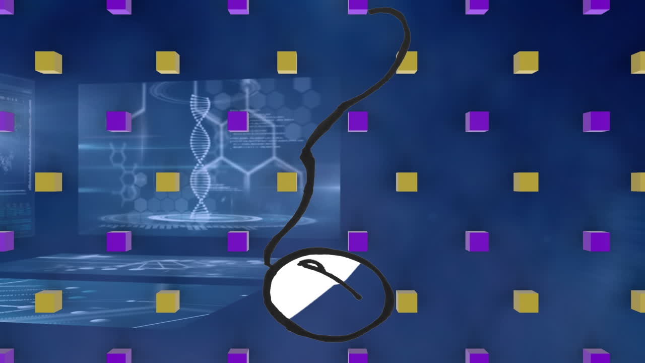 Animation of 3d shapes and data processing over blue background