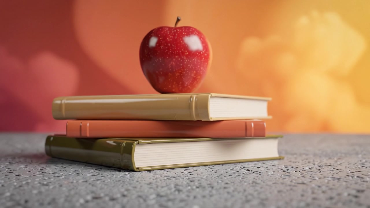 A Vibrant Red Apple Resting on a Stack of Colorful Books Against a Soft, Blurred Background, Highlighting Education and Knowledge