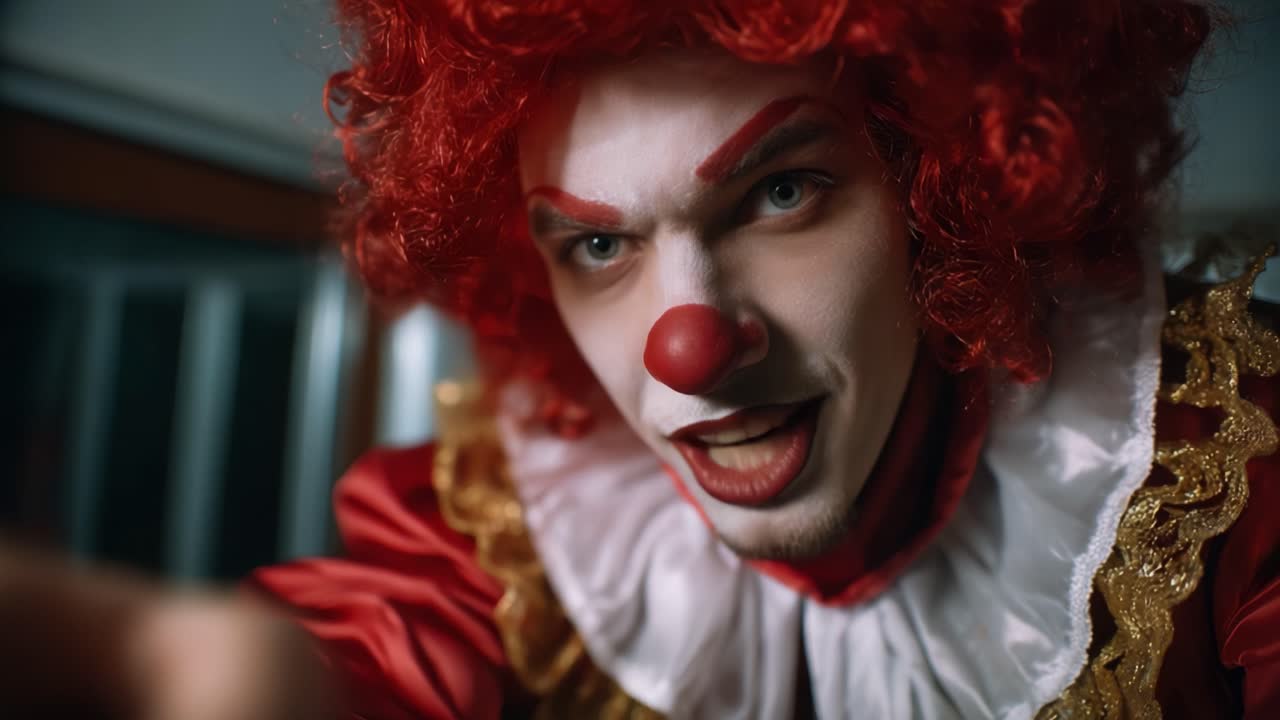 En truende klovn nærmer sig kameraet på gådefuld vis og viser et spændende udtryk omgivet af levende makeup og detaljerede kostumedetaljer i en isnende atmosfære