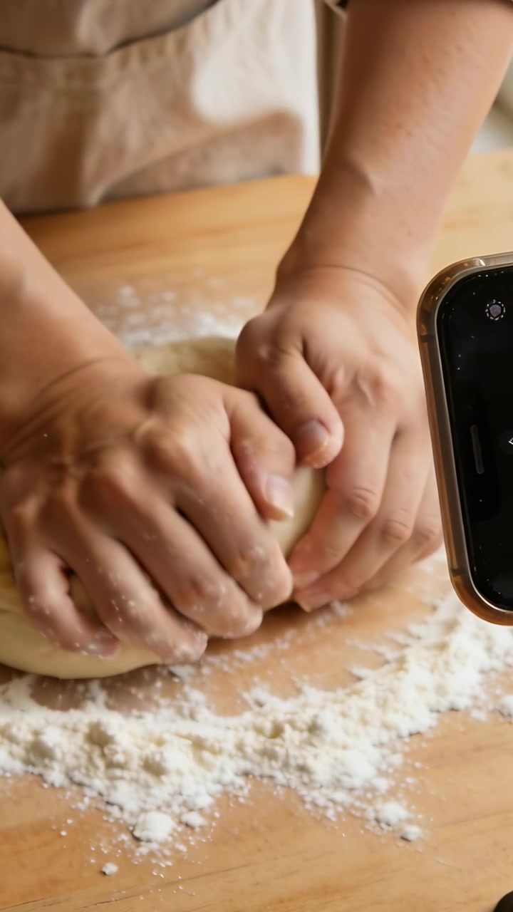 Video vertical: Teléfono filmando manos con delantal amasando masa con harina en la cocina