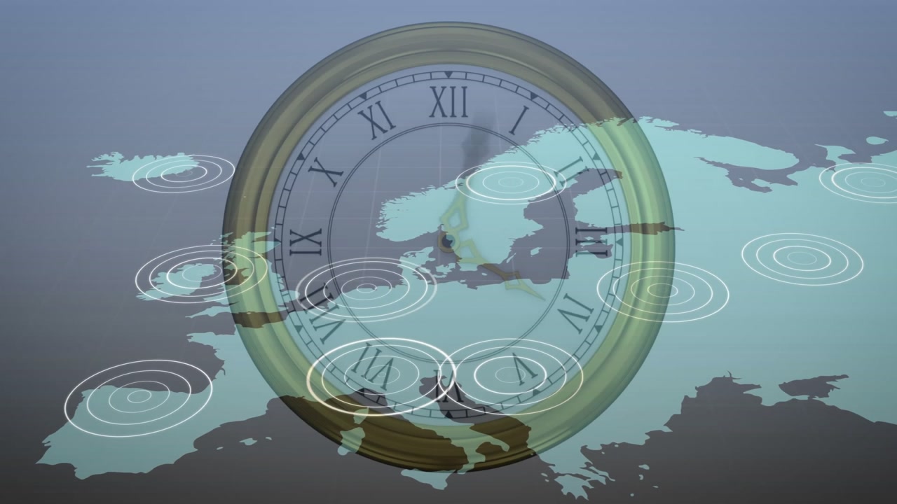 Opening Europe map initiating white arcs tracing routes to central clock overlay forming ripples