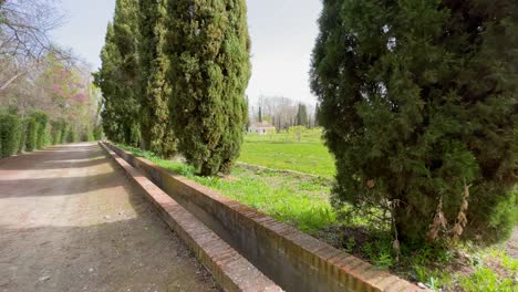 we see in the jardin del principe in aranjuez an extension of trees with a farmhouse and a dirt road with cypresses on one side and on the other side hedges and trees there is an irrigation canal