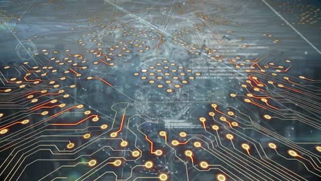 animation of computer circuit board with globe and data processing over cityscape