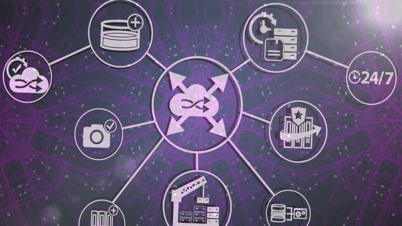 animación de un diagrama de flujo de iconos sobre puntos que forman un patrón abstracto y destellos de lentes