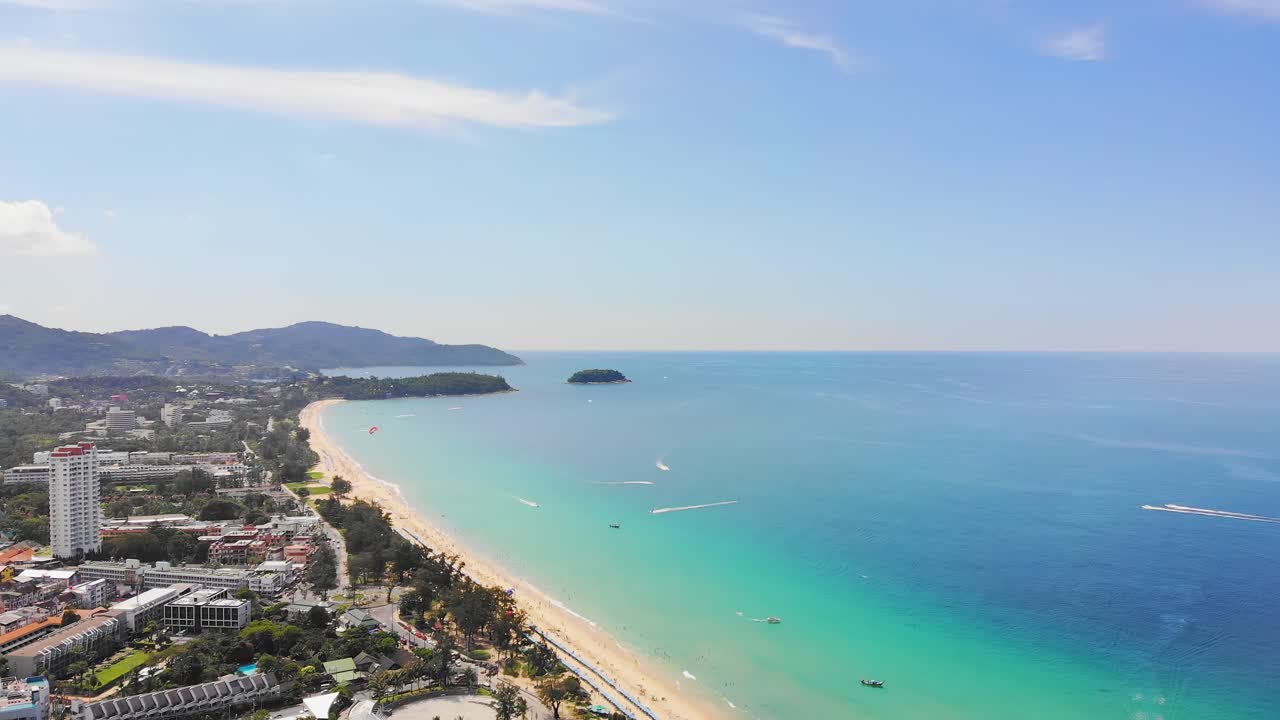 High aerial coastline drone shot of Phuket island beach, Thailand