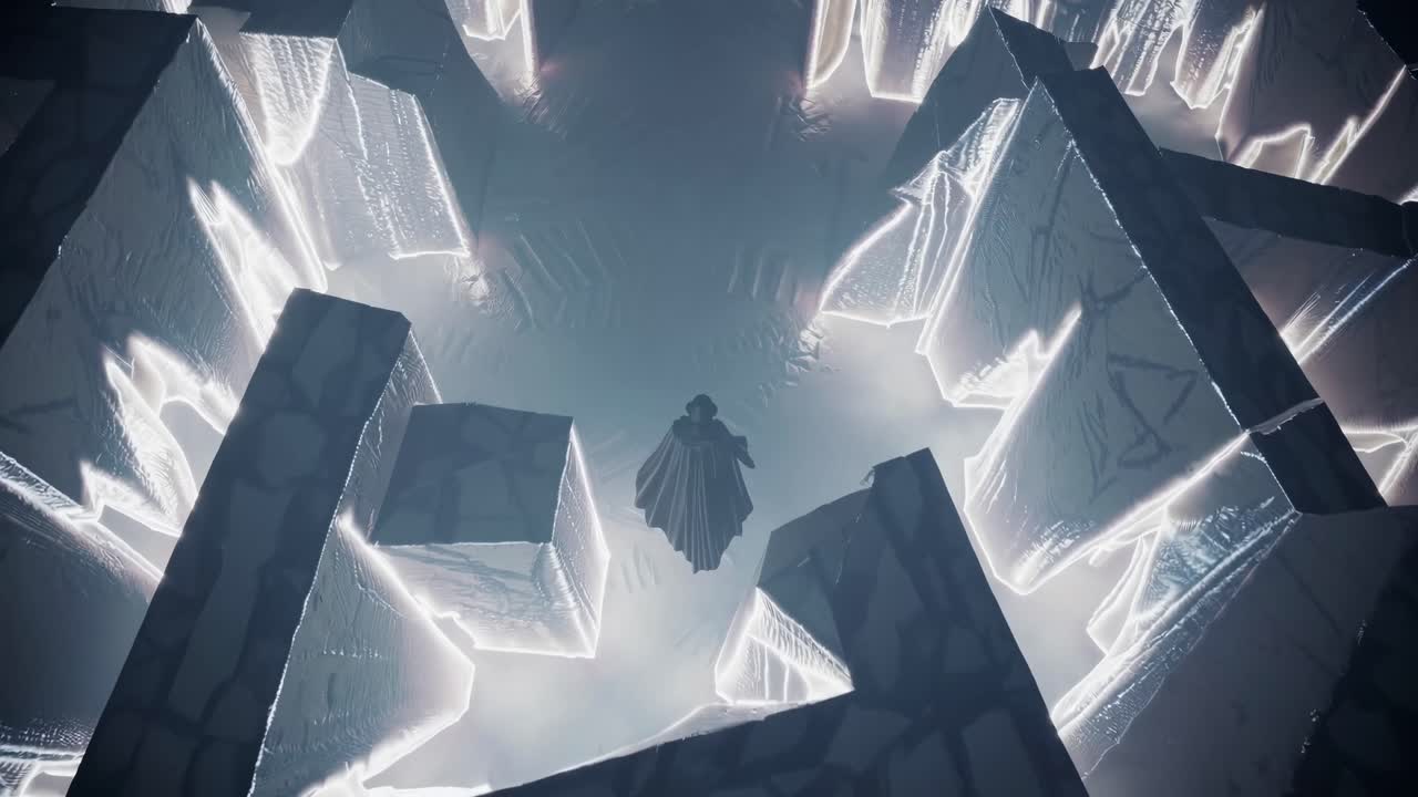 Aerial view of a person in a cloak surrounded by illuminated structures, creating a surreal