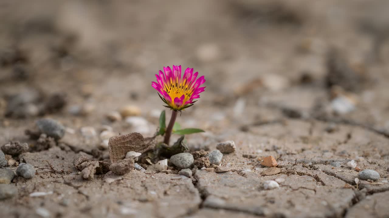Em resposta à luz do dia, flor rosa e amarela abrindo as pétalas e elevando o caule em solo seco com pedras