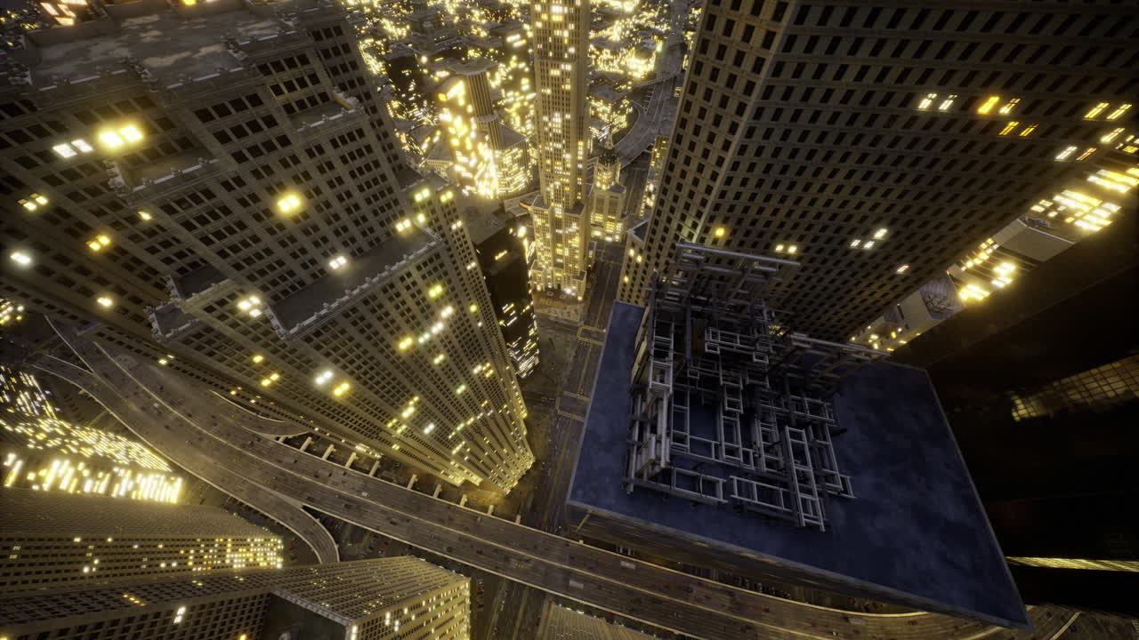 Urban skyline illuminated at night showcases dazzling city lights and textures