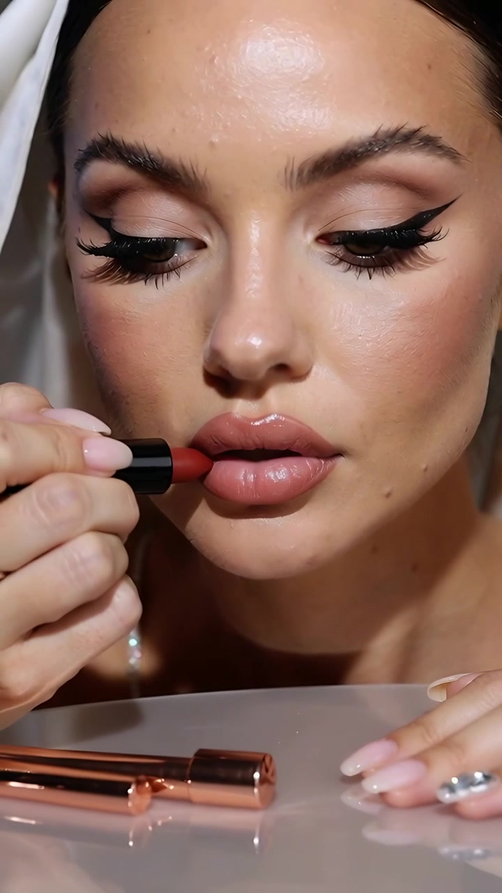 Vertical video: First swipe starting model applying red lipstick at desk, white scarf, shaping lips