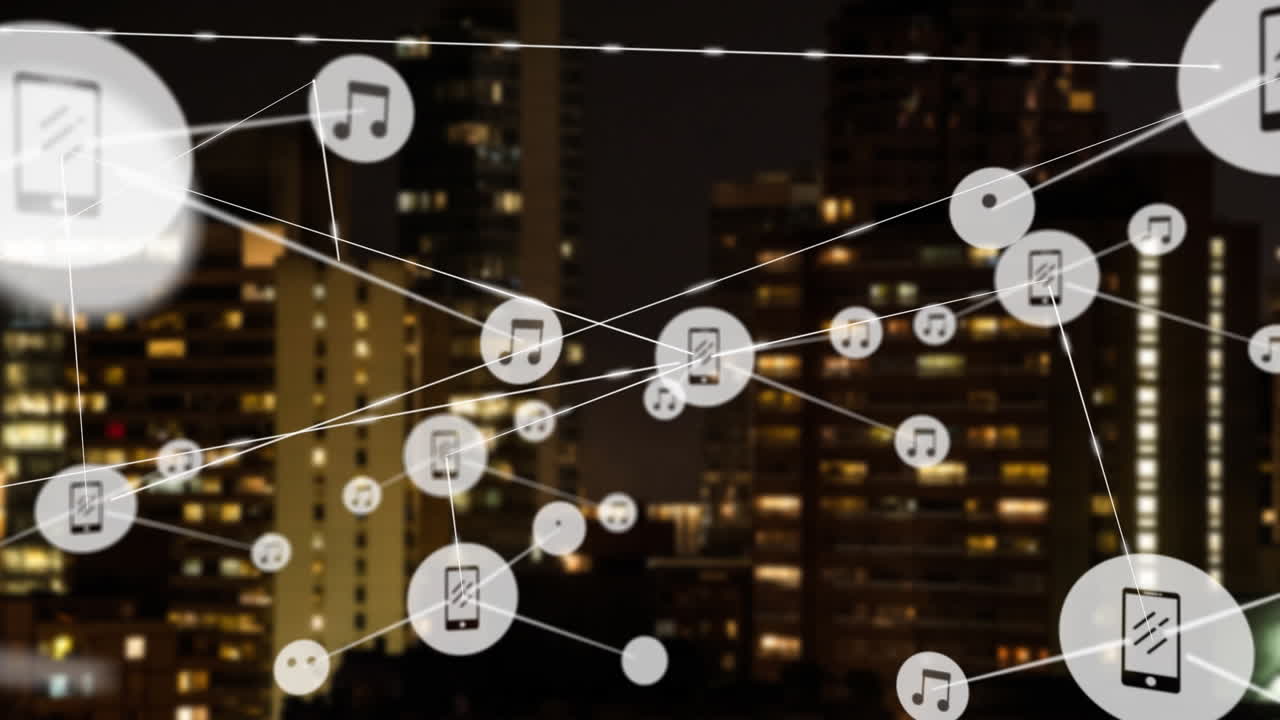 animación de la red de conexiones con iconos sobre el paisaje urbano